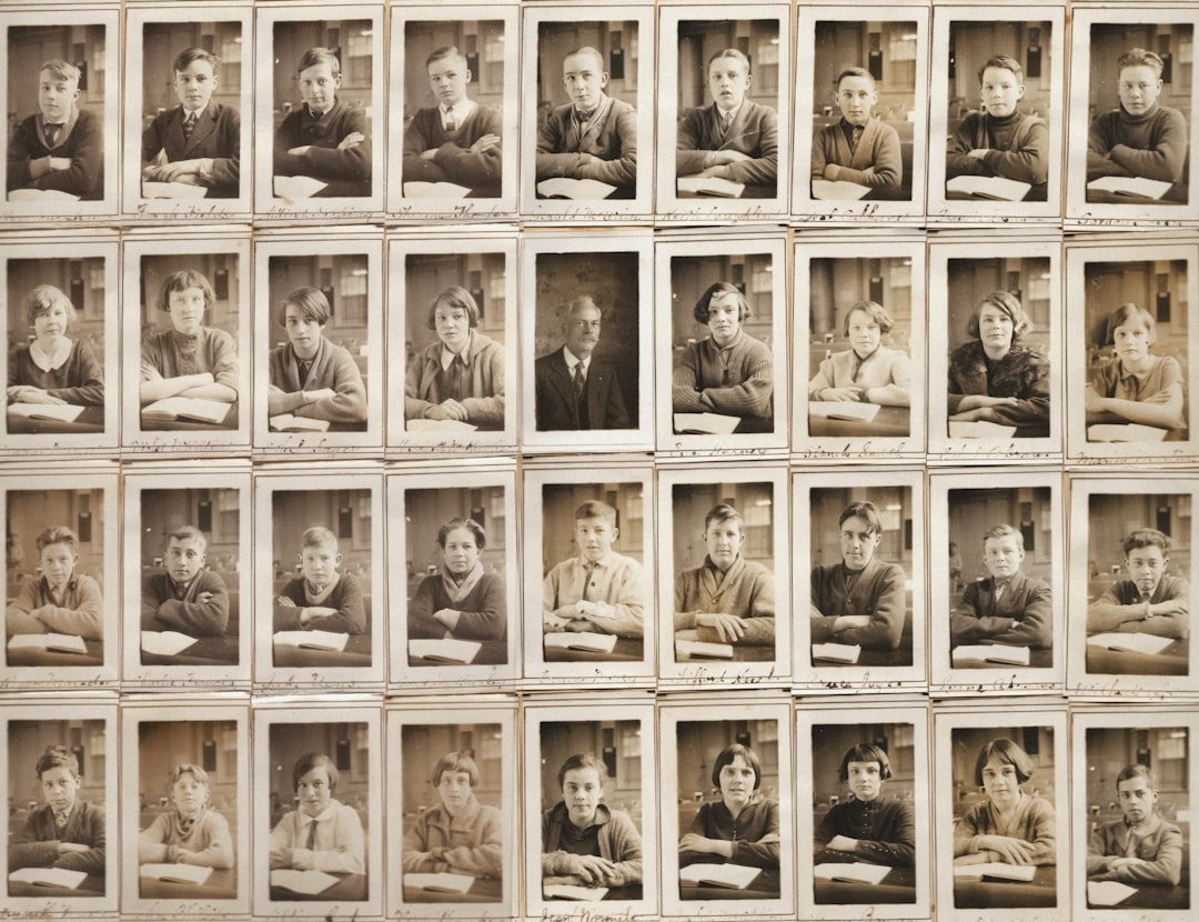 Vintage school class portrait with many students