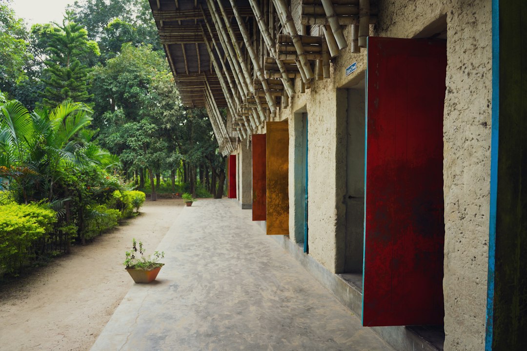 Row of colorful doors along a building facade