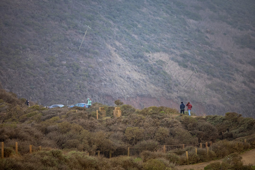 Two people stand on a hill overlooking a landscape.