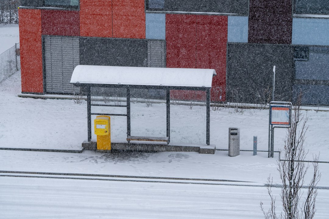 A bus stop shelter in the snow